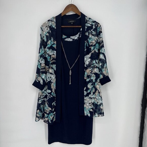 R&M Richards Womens Size 8 Navy Blue Floral Necklace Jacket & Dress Set Cocktail - Picture 2 of 12